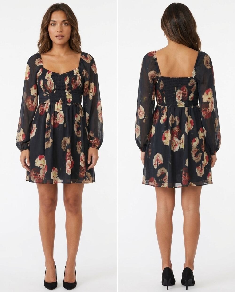 Express Black Floral Sweetheart Neck Smocked Chiffon Dress Women Size M